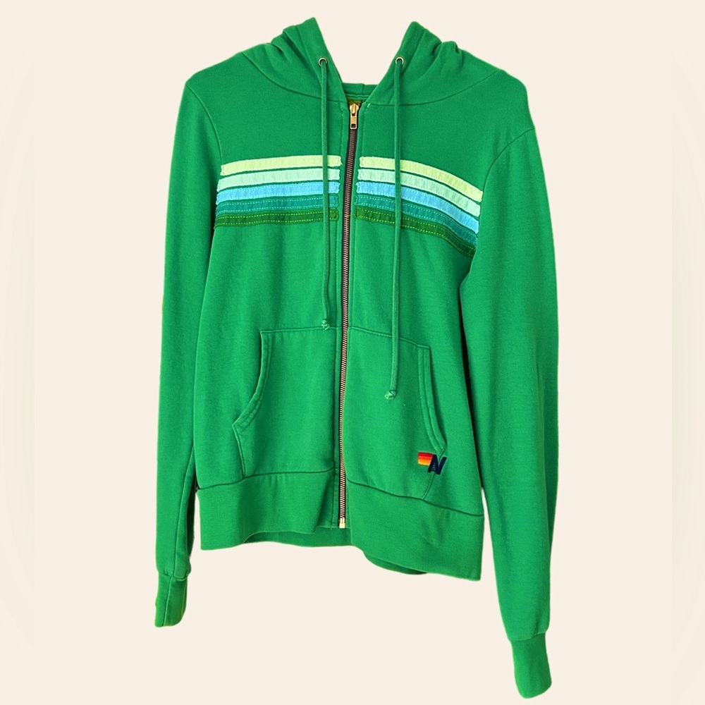 RARE Aviator Nation 5 Stripe Zip Hoodie in Kelly Green & Blue.
